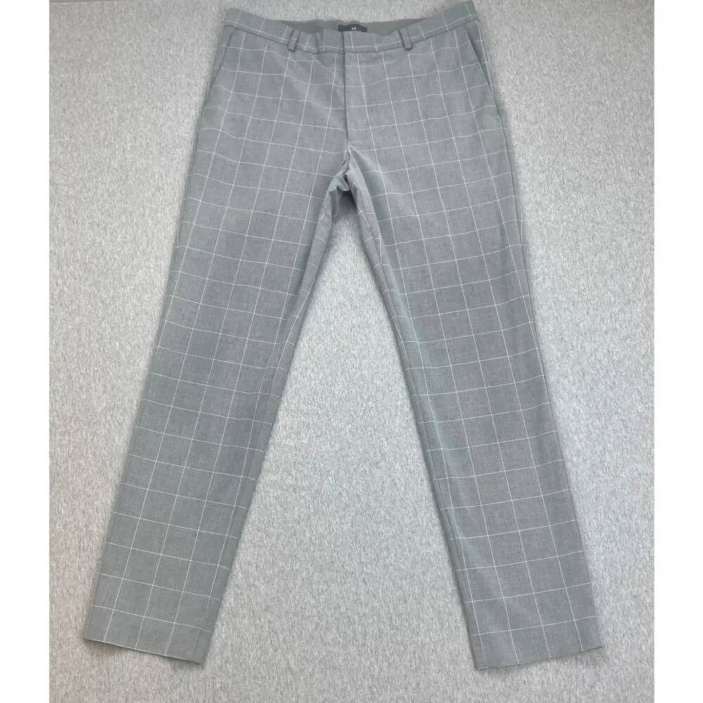 H&M Pants Mens 34 Gray Windowpane‎ Slim Fit Chino Flat Front